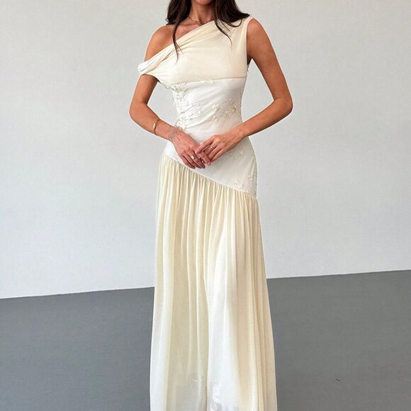 Apricot Elegant Women's Off Shoulder Mesh Floral Embroidered Maxi Dress - Picture 6 of 9